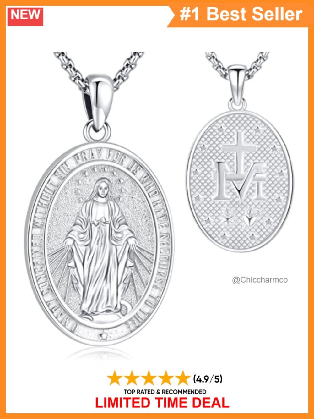 Miraculous Medal Necklace 925 Sterling Silver Virgin Mary Pendant Box Chain